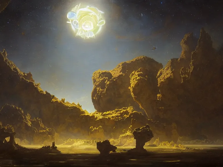 Image similar to an oil painting of a caynon on an alien planet with a fractal crystal floating above the ground reflecting light by carl spitzweg and tuomas korpi. baroque elements, full-length view. baroque element. intricate artwork by caravaggio. Trending on artstation. 8k