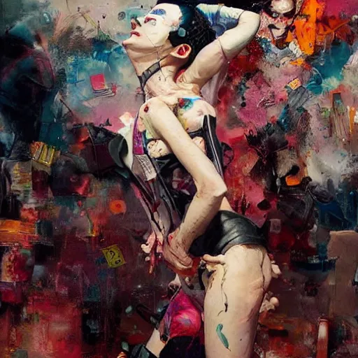 Image similar to grinning woman in a vr headset wearing leather outfit, dynamic energic pose, cyberpunk in the style of adrian ghenie, esao andrews, jenny saville, surrealism, dark art by james jean, takato yamamoto