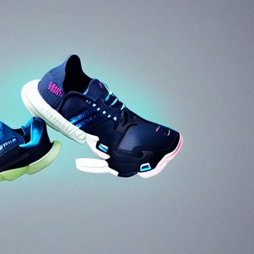 Prompt: the future of running shoes, product catalog shots, mecha details and colorful, Adidas