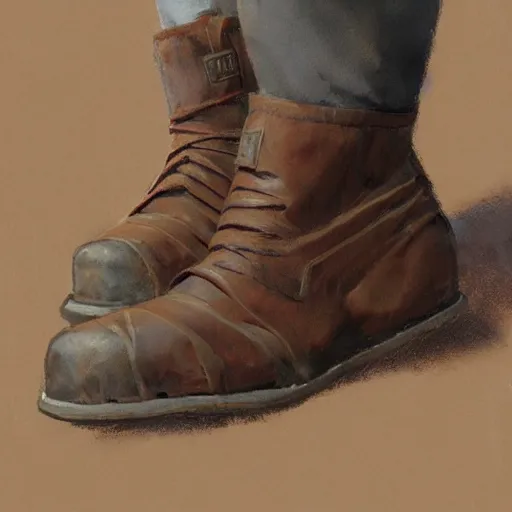 Image similar to a concept art of a well used brown leather boots for walking in the mountain, by Craig mullins, Steve Purcell, Ralph McQuarrie