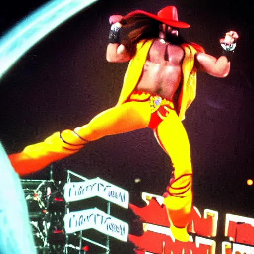 Image similar to Macho Man Randy Savage performing elbow drop from orbit. Reentry burn, Space, Extreme wide shot, long shot, High Quality, 4k