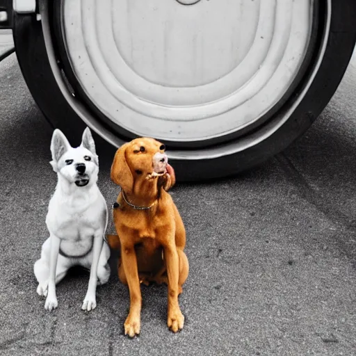 Image similar to a photo of two dogs sitting in front of the bus, hd award winning photograph, high detailed, 2001 style