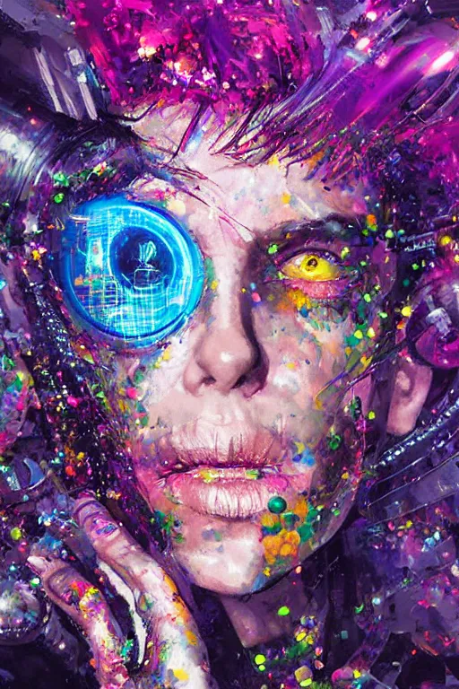 Prompt: portrait,, digital painting, an delightfully mad techno - shaman lady, asleep, synthwave, glitter, glitch, refraction, fracture, realistic, hyperdetailed, chiaroscuro, concept art, painterly, art by john berkey