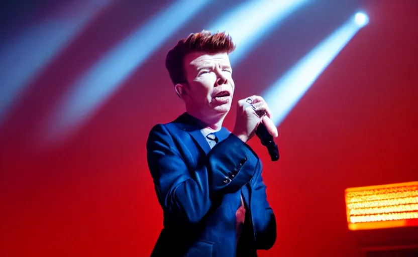 Image similar to photo of rick astley giving up, dramatic blue dark lighting, ultra detailed, movie frame, cinematical composition, 4 k, really sad