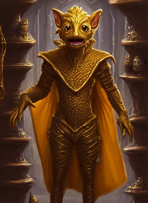 Image similar to a _ fantasy _ style _ portrait _ painting _ of a humanoid gold kobold male in wizard robes in a store selling things, oil _ painting _ unreal _ 5 _ daz. _ rpg _ portrait _ extremely _ detailed _ artgerm _ greg _ rutkowski _ greg