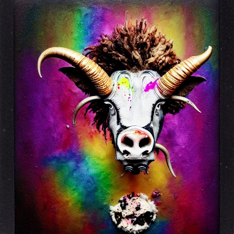 Prompt: cute xenomorph, cow head, lion mane, pig nose, sheep horns, splatter paint, desaturated rainbow color palette, symmetrical, golden ratio, rule of thirds, full front polaroid