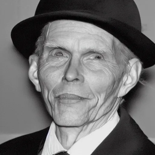 Image similar to A photograph portrait of old Jerma985 in his eighties who looks like Jerma985 wearing a suit with and fedora in the 1990s, taken in the early 1990s, grainy, taken on a 1990s Camera, realistic, hyperrealistic, very realistic, highly detailed, very detailed, extremely detailed, detailed, digital art, trending on artstation