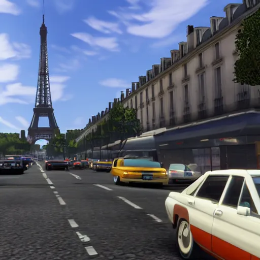 Image similar to promotional screenshot of grand theft auto videogame set in paris