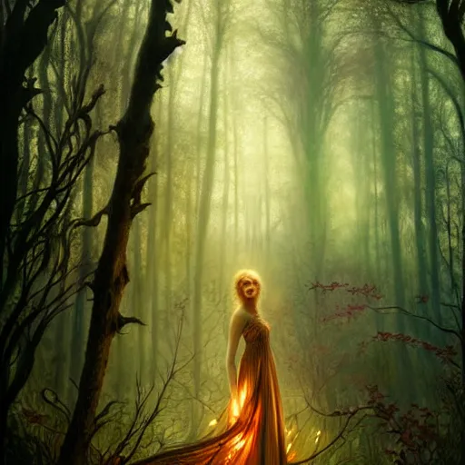 Image similar to dreamy enchanted forest, surreal, fantasy, intricate, elegant, dramatic lighting, emotionally evoking symbolic metaphor, highly detailed, lifelike, photorealistic, digital painting, artstation, concept art, smooth, sharp focus, illustration, art by John Collier and Krenz Cushart and Artem Demura and Alphonse Mucha and Albert Aublet