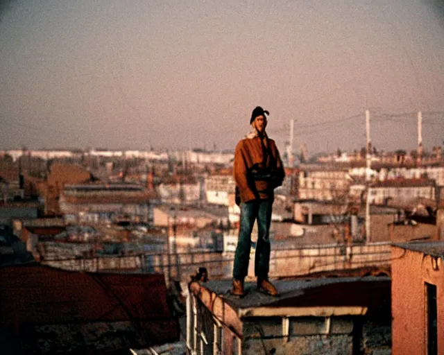 Image similar to lomo photo of man standing on the roof of soviet hrushevka, small town, cinestill, bokeh, out of focus