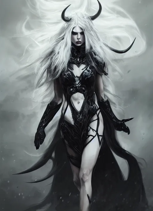 Image similar to a highly detailed illustration of fierce beautiful long white haired horned demon woman wearing black battle dress, dramatic power pose, perfect face, perfect body, intricate, elegant, highly detailed, centered, digital painting, artstation, concept art, smooth, sharp focus, league of legends concept art, wlop.