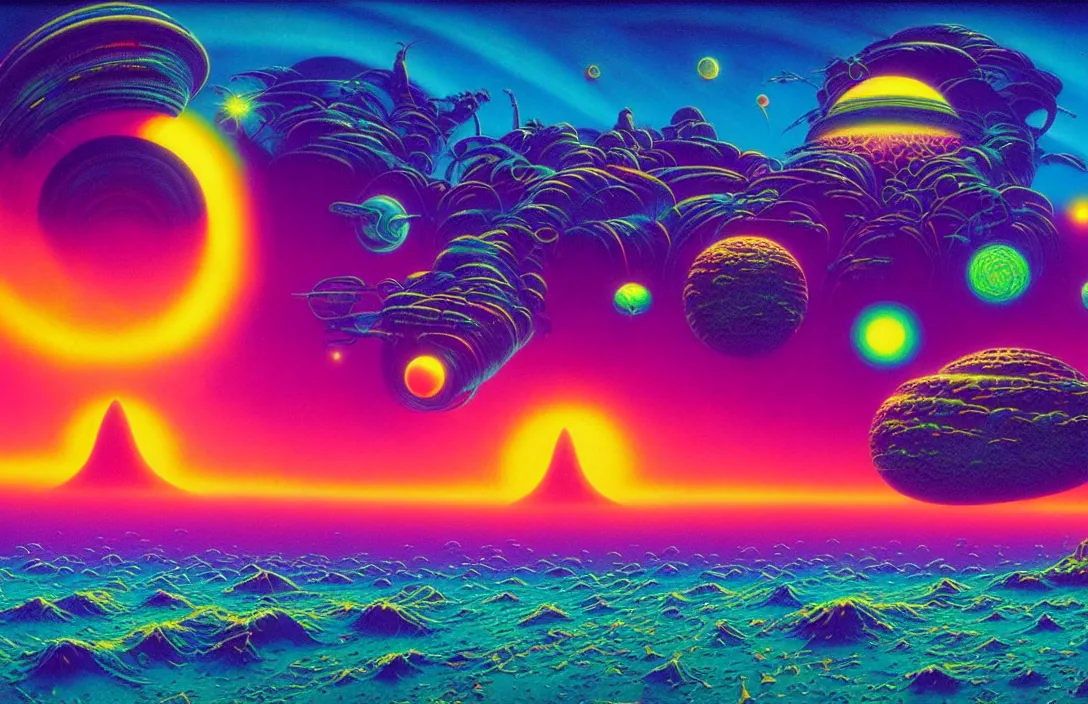 Image similar to cosmic sci - fi exotic islands, infinite psychedelic waves, synthwave, bright neon colors, highly detailed, cinematic, panoramic, tim white, michael whelan, roger dean, bob eggleton, lisa frank, vladimir kush, kubrick, james gurney, giger