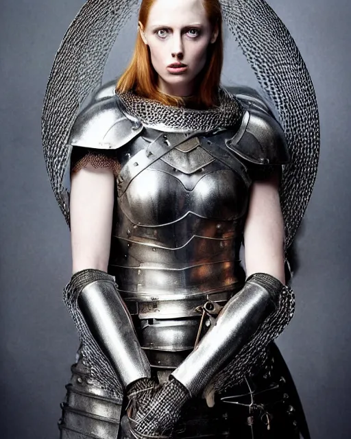 Prompt: HD portrait by Annie Leibovitz of Deborah Ann Woll as a medieval knight wearing a chainmail hauberk.