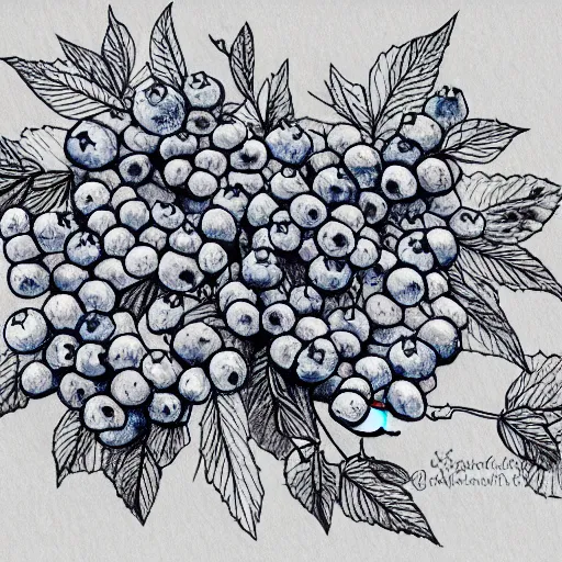 Image similar to drawing of blueberry bush. Traditional art. Rustic. Nordic. 4K. Trending on artstation. Detailed Bushy. Nature. Artistic.