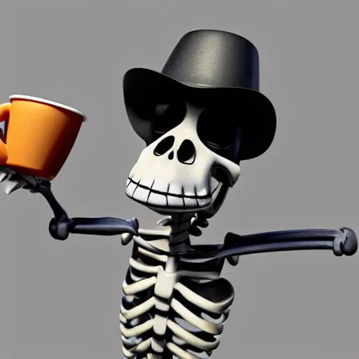 Image similar to 3d render pixar cartoon skeleton drinking a cup of coffee hd octane render