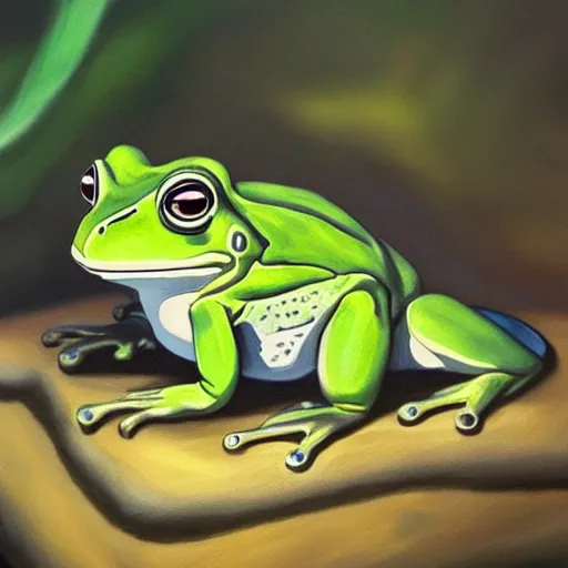 Image similar to A professional portrait of a frog wizard, painted by Studio Ghibli, 4k, traditional art, trending on deviantart, highly detailed, full body shot, wide depth of field, professional lighting, airbrush