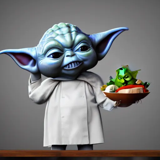 Prompt: curious mouth agape innocent tiny chubby babyfat baby yoda as chef wearing white chefs hat and white apron, offering a plate of food, vegetables, photography, hyperrealism, unreal engine, octane 3 d render, houdini, unity 3 d