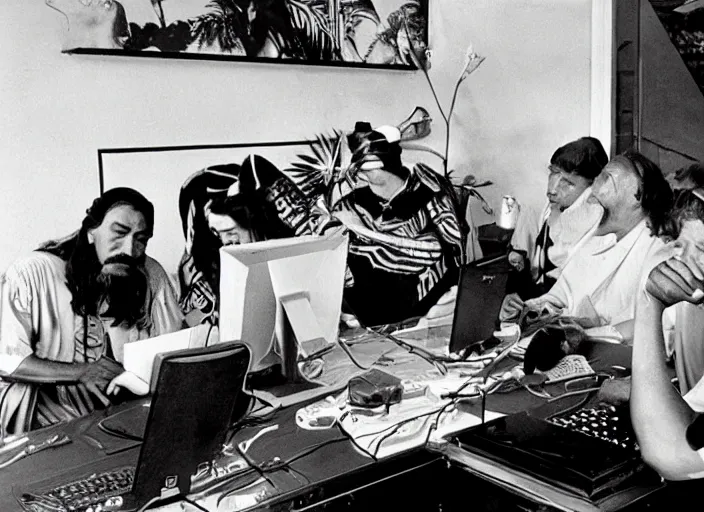 Prompt: Ancient Aztecs using computer at a lan house, Ancient, award winning photo by Slim Aarons ,