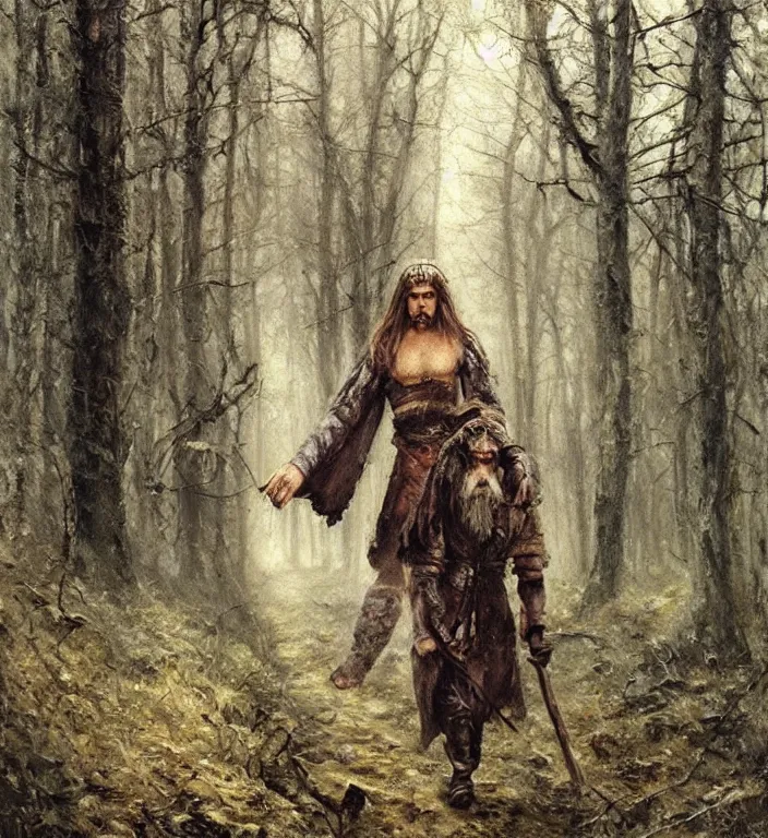 Image similar to slavic dog head man, woolen torso in medieval clothes, walking in the forest, orthodox saint christopher, art by luis royo, oil painting, painting by viktor vasnetsov, concept art, hyperrealism, beautiful, high resolution, trending on artstation,