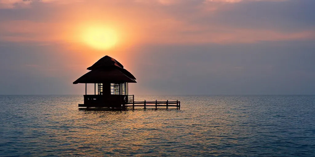 Prompt: floating sri lankan house in the sea, photography, evening sunset