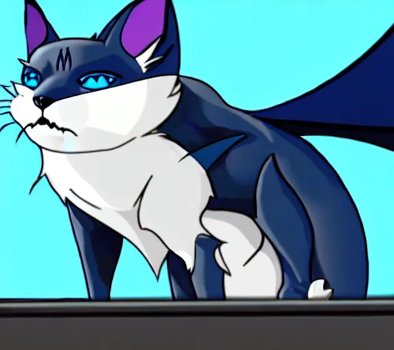 Image similar to a blue - and - black male catbat fursona with blue / green heterochromatic eyes ( differently - colored eyes, one eye green, one eye blue ) and huge bat ears, photo of the catbat streaming on his computer