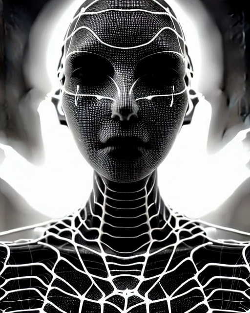 Image similar to black and white cyborg-plant goddess high quality photo, artificial intelligence, bio-mechanical bio-luminescence, artificial spider web, neurons, nerve cells, octane render, cinematic, rim light, hyper realism, photo-realistic, high detail, 8k, in the style of Steven Meisel and Dora Maar and H.G. Giger