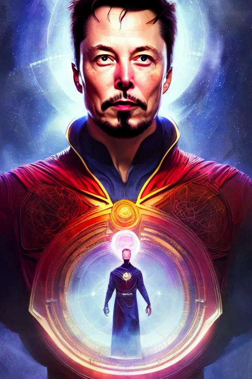 Image similar to elon musk as dr strange, realistic portrait, symmetrical, highly detailed, digital painting, artstation, concept art, smooth, sharp focus, illustration, cinematic lighting, art by artgerm and greg rutkowski and alphonse mucha