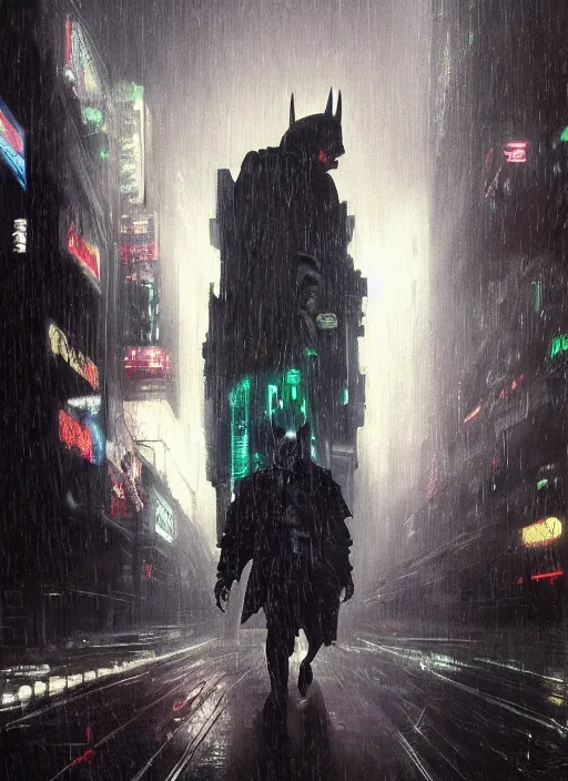 Image similar to cyberpunk batman, rule of thirds, russia, moscow, rain, lights, close - up, high quality, ultrarealistic, sculls, neon glow, 3 d, 8 k, ultra high detailed, by giger, trending on artstation, spotlight, by greg rutkowski, by da vinci, by van gogh, by jeremy mann, digital painting