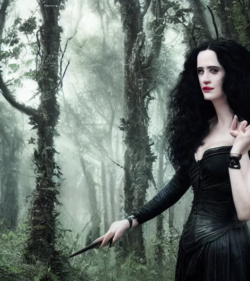 Image similar to 5 5 mm close up portrait photo of eva green as yennefer of vengerberg in black leather armor and long black fluff hair, in a forest. magical atmosphere. art by greg rutkowski. lifelike. very detailed 8 k. intricate. soft light. nikon d 8 5 0.