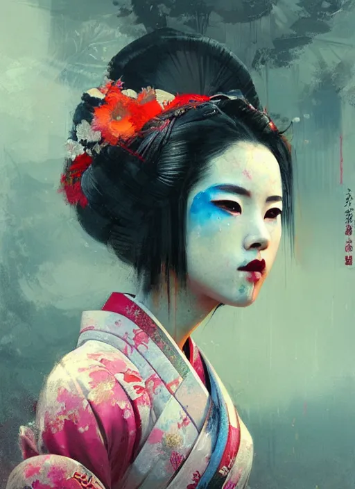 Image similar to female geisha girl, beautiful face, colourful, rule of thirds, intricate outfit, spotlight, by greg rutkowski, by jeremy mann, digital painting