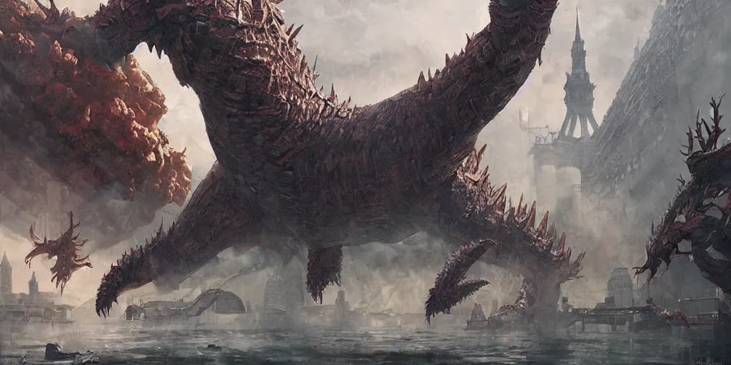 Image similar to kaiju attack in budapest painting, greg rutkowski, detailed, cinematic