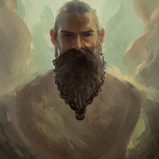 Prompt: A portrait of a cleric of Cthulu with short dark hair and a trimmed beard, he wears a sandstone cube on a string around his neck, as dark magic emanates from the sandstone cube tentacles spur from the water, digital art by Ruan Jia