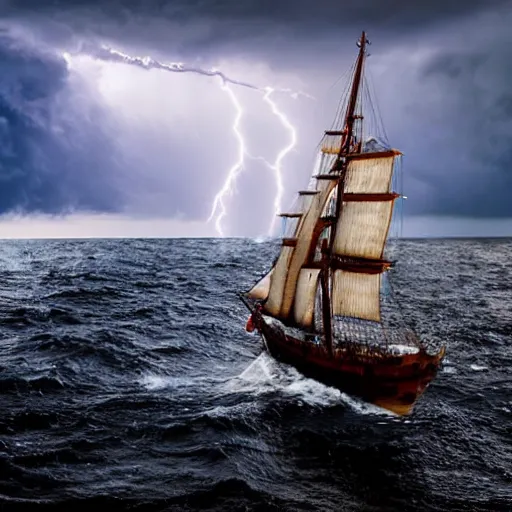 Image similar to A large, very old, wooden ship sailing across the ocean in the middle of a huge rain storm, with lots of dark clouds and lightning, very realistic.