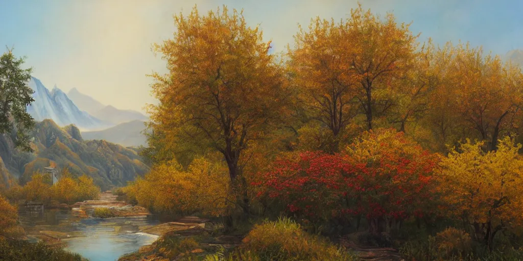 Prompt: painting of a FANTASY winery in BEIJING autumn, with a river winding through them. In the distance, there are mountains. by bob ross, Albert Bierstadt, oil on canvas, real photo taken with Polaroid camera, immaculate scale, hyper-realistic, trending on Artstation, 8k, detailed, atmospheric, immaculate