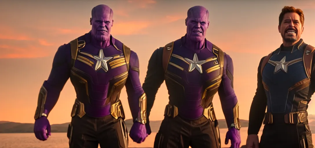 Image similar to a very high resolution image from a new movie. thanos waving at tony stark while capitan america watches on a lake, photorealistic, photography, directed by wes anderson