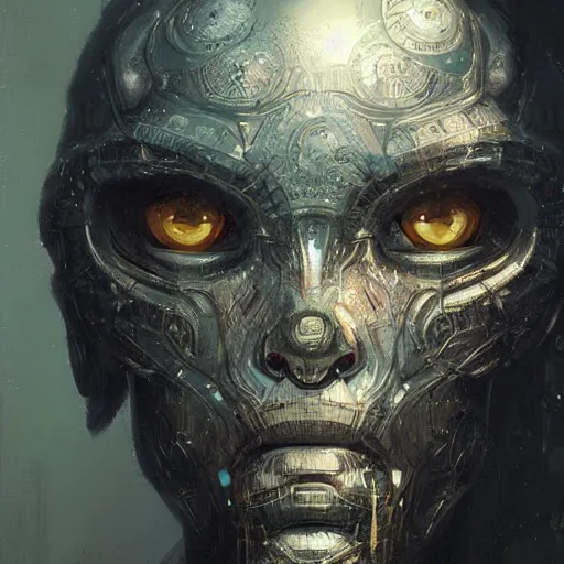 Prompt: robot portrait, close up, concept art, intricate details, highly detailed by greg rutkowski, michael whelan and gustave dore