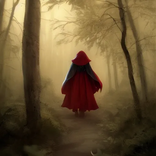 Image similar to little red ridinghood on a dark moonlight forest path being stalked by a wolf, darkwave, darksynth, concept art, sharp, digital matte painting, art by, greg rutkowski, wlop, dramatic lighting, trending on artstation