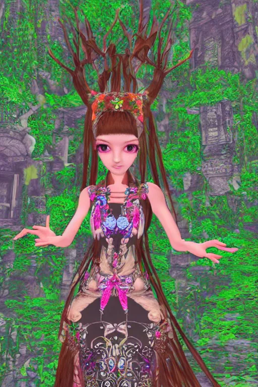 Image similar to cute female forest spirit wearing ornate floral cybernetic mughal valentino resort dress in a 3 d psx ps 2 jrpg style, esoteric scifi magical alien ruins ritual environment, fashion gameplay screenshot, highly detailed