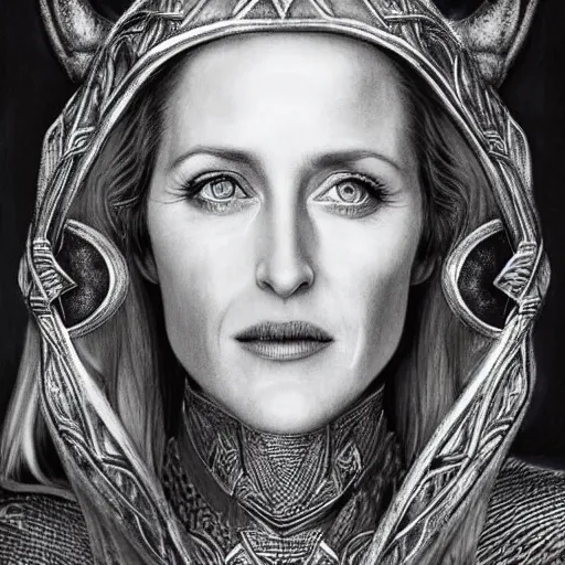 Prompt: hyper realistic pencil drawing of Gillian Anderson as a viking princess, intricate detail, beautiful, battle armor, war, fight, light, dragon, bright color palette