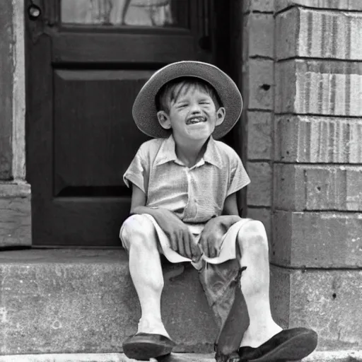 Prompt: An old man wearing a straw hat sitting on the stoop smiling at a happy four year old boy who sits next to him. 1950s, Americana, vintage, black and white, Ian Berry.