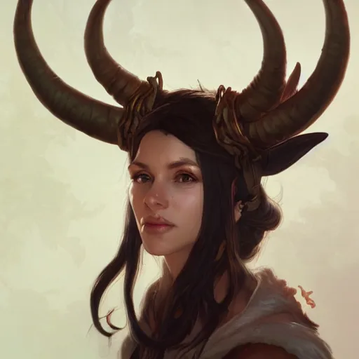 Image similar to cute Whimsical Tiefling Druid with cute horns , light-brown skin, D&D, fantasy, portrait, highly detailed, digital painting, artstation, concept art, sharp focus, illustration, art by greg rutkowski and alphonse mucha