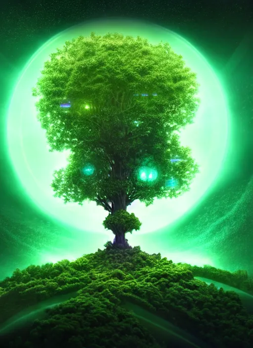 Image similar to high depth, collective civilization tree, calm, healing, resting, life, hybrids, scifi, glowing lights, published concept art, art in the style of all and none and everything and infinity