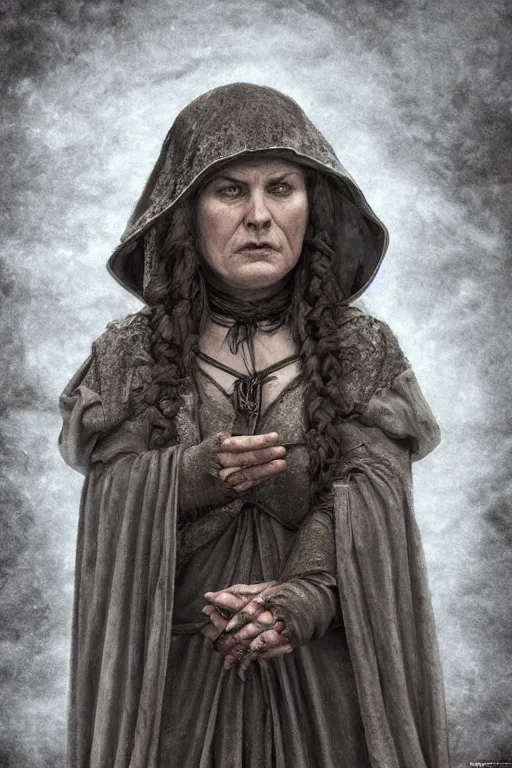 Prompt: middle aged woman with sad expression, medieval clothing, lord of the rings style, highly detailed digital art, sad atmosphere, overcast weather, trending on artstation