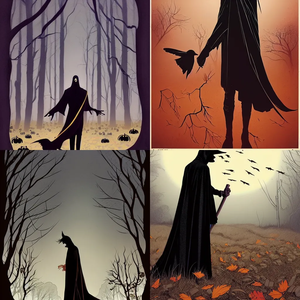 Prompt: style of David Baldeon comic art and Joshua Middleton comic art, death with a crow head long black robes with gold trim full body, graveyard scene, autumn weather foggy, spooky creepy, beautiful, intricate, 8K, high quality