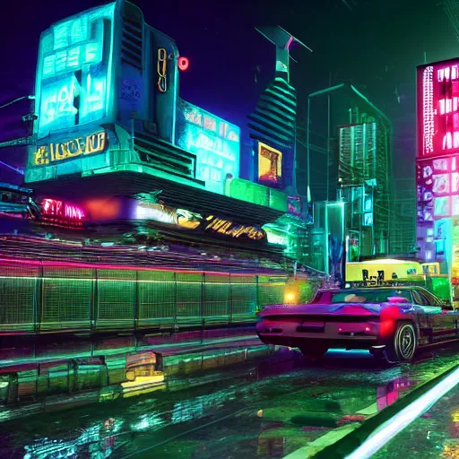 Image similar to a 3 d rendered in unreal engine guatemalan cyberpunk city with neon ads and signs with evocative dramatic mood with blade runner vibe with cars with motion blur with depth of field with bloom with lightshaft with volumetric lights, fog, by scott robertson, oscar winning graphics, photo realistic, bloom, imax, dynamic lighting, artstation,