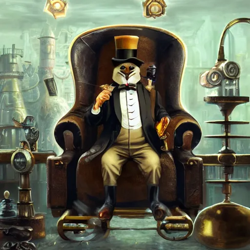 Prompt: oil painting of grumpy rich steampunk penguin sitting on fancy chair, wearing top hat, holding gold, steampunk factory background, hamster workers running in the background, sharp focus, fantasy style, octane render, volumetric lighting, 8k high definition, by greg rutkowski, highly detailed, trending on art Station, magic the gathering artwork, centered