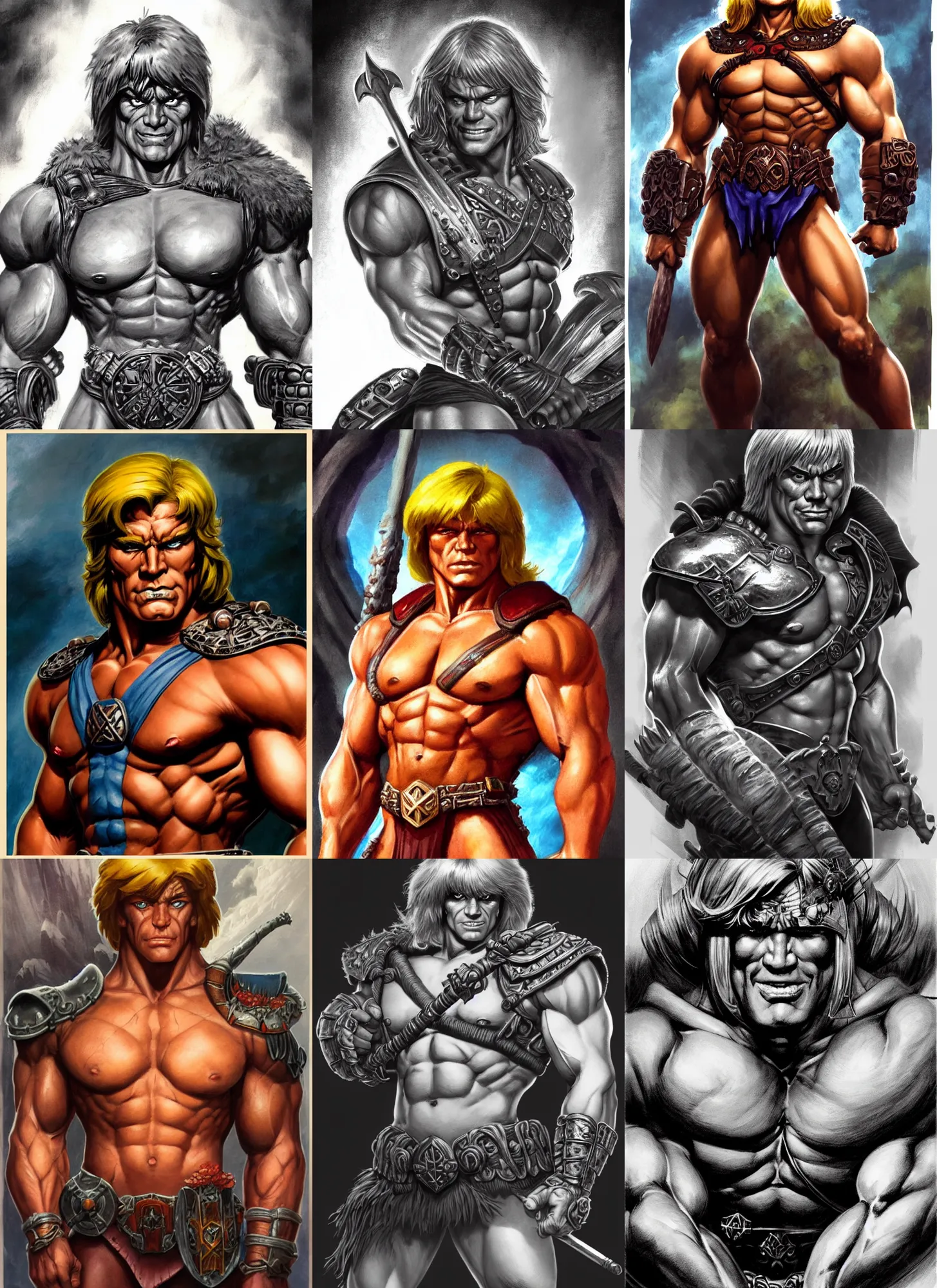 Prompt: he - man, closeup portrait, sci fi, fantasy, intricate, with german iron cross on bare chest, stoic, loin cloth, highly detailed, oill painting, artstation, concept art, matte, sharp focus, painting by frazetta and jim lee