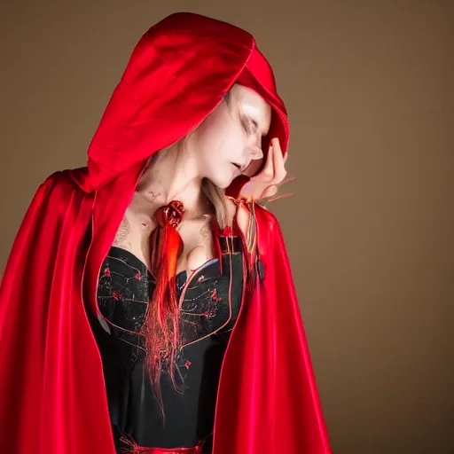 Image similar to photo of a beautiful magical witch woman wearing red robes, CANON Eos C300, 15mm, very detailed, beautiful atmospheric lighting, studio photography