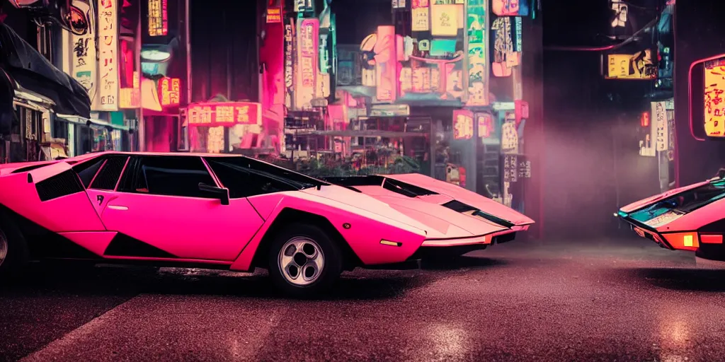 Image similar to photograph of two different coloured lamborghini countach parked in a rainy neo tokyo street at night with neon light signs illuminating the scene, sharp focus, highly detailed, ray tracing, cinematic, moody, hdr, 4 k, incredible detail, epic, misty, slight bokeh