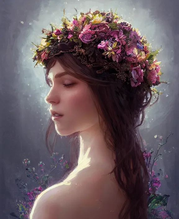 Prompt: masterpiece concept art of a beautiful brunette woman with pale skin and a flower crown seated on an intricate shadow throne, a beautiful highly detailed fae lady, extremly emotional, cinematic moody colors, realistic shaded lighting poster by ilya kuvshinov, magali villeneuve, artgerm, jeremy lipkin and michael garmash and rob rey